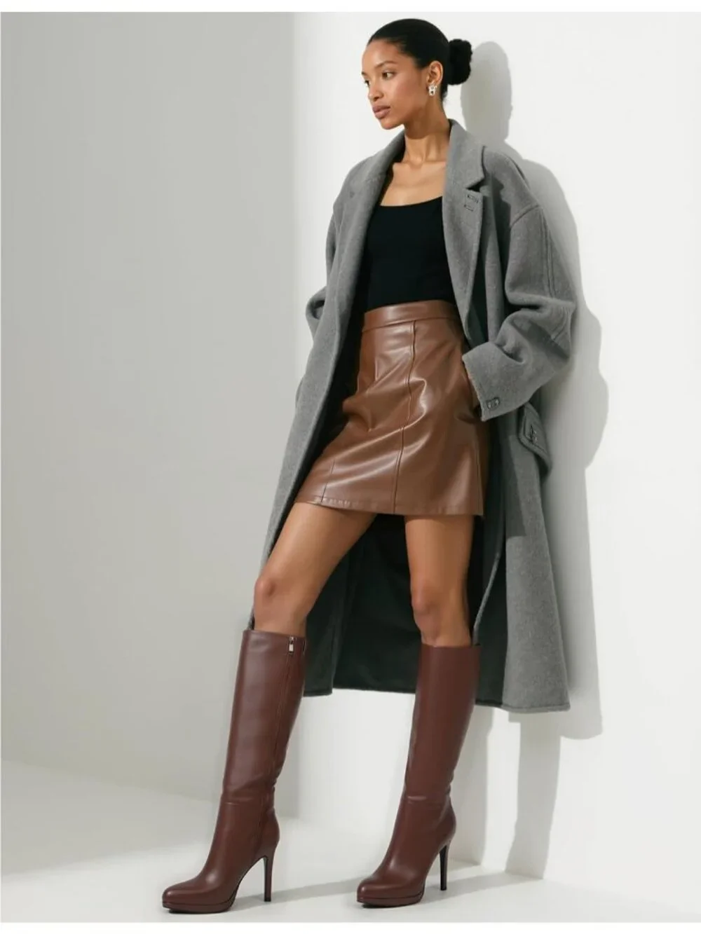 Women's Brown Pu2 Round Toe Stiletto Heels Fall Tall Platforms Boots Side Zipper